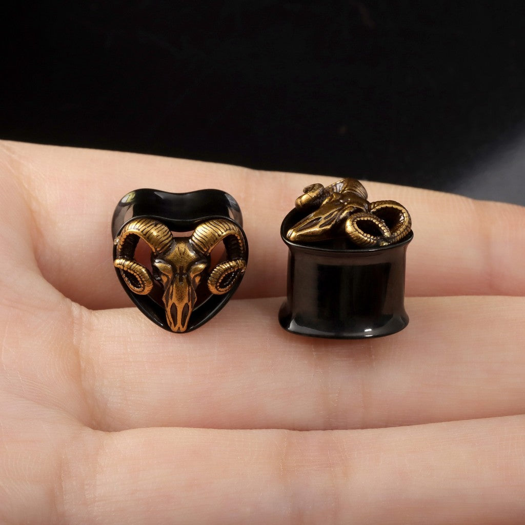 Handmade Ram Skull Ear Plugs – Golden & Black Acrylic Tunnels – Gothic Animal Skull Gauges – Unique Ear Stretching Jewelry – 8mm to 14mm