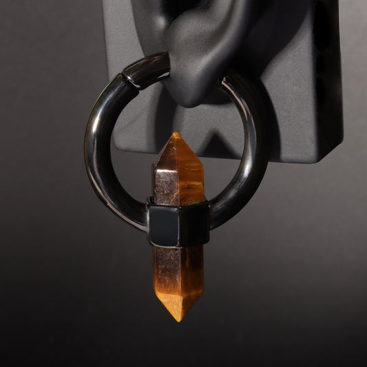 Tiger's eye Stone Ear Weight With Easy Clasp/ Black Stretched Earrings/  2G Lobe Earrings/ Hinged Lobe Weights Hoop/ Cricle Weights