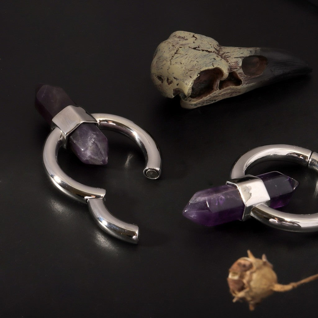 Amethyst Ear Weight/ 6mm 2G Ear Lobe Hanger/ Ear Weight Gauges For Stretched Ear/ Spike Amethyst Plug Earring/Stone Dangle Ear Hanger Silvery