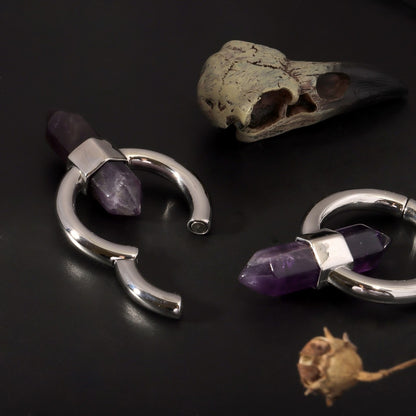 Amethyst Ear Weight/ 6mm 2G Ear Lobe Hanger/ Ear Weight Gauges For Stretched Ear/ Spike Amethyst Plug Earring/Stone Dangle Ear Hanger Silvery