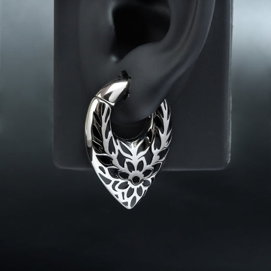 Pattern Tribal Ear Weights Hanger with Easy Closure/Teardrop Ear Gauge Earrings/Ear Stretched Jewelry/Weighted Hoops Silvery /Gauge Weight