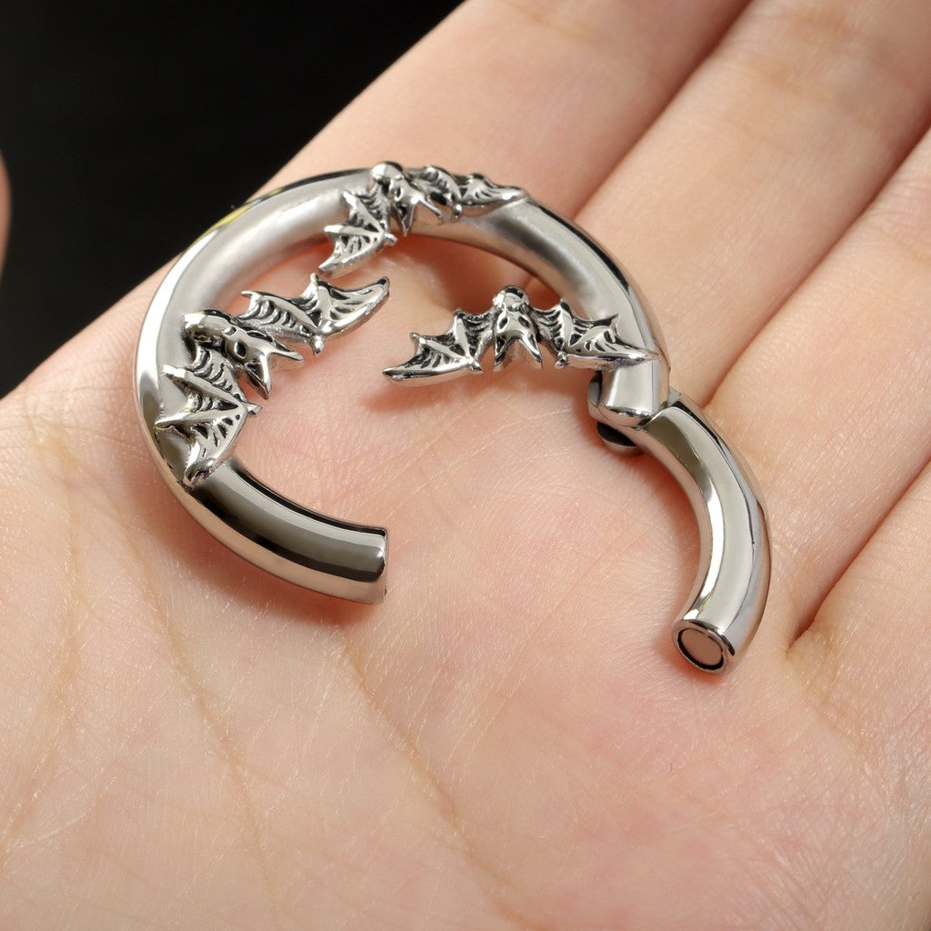 Silvery Bat Ear Weights Hanger with Easy Clasp/ Heavy Earrings for Stretchered Ear/ Steel Ear Gauges/ Silvery Ear Plugs/ 6G Weight Hangers