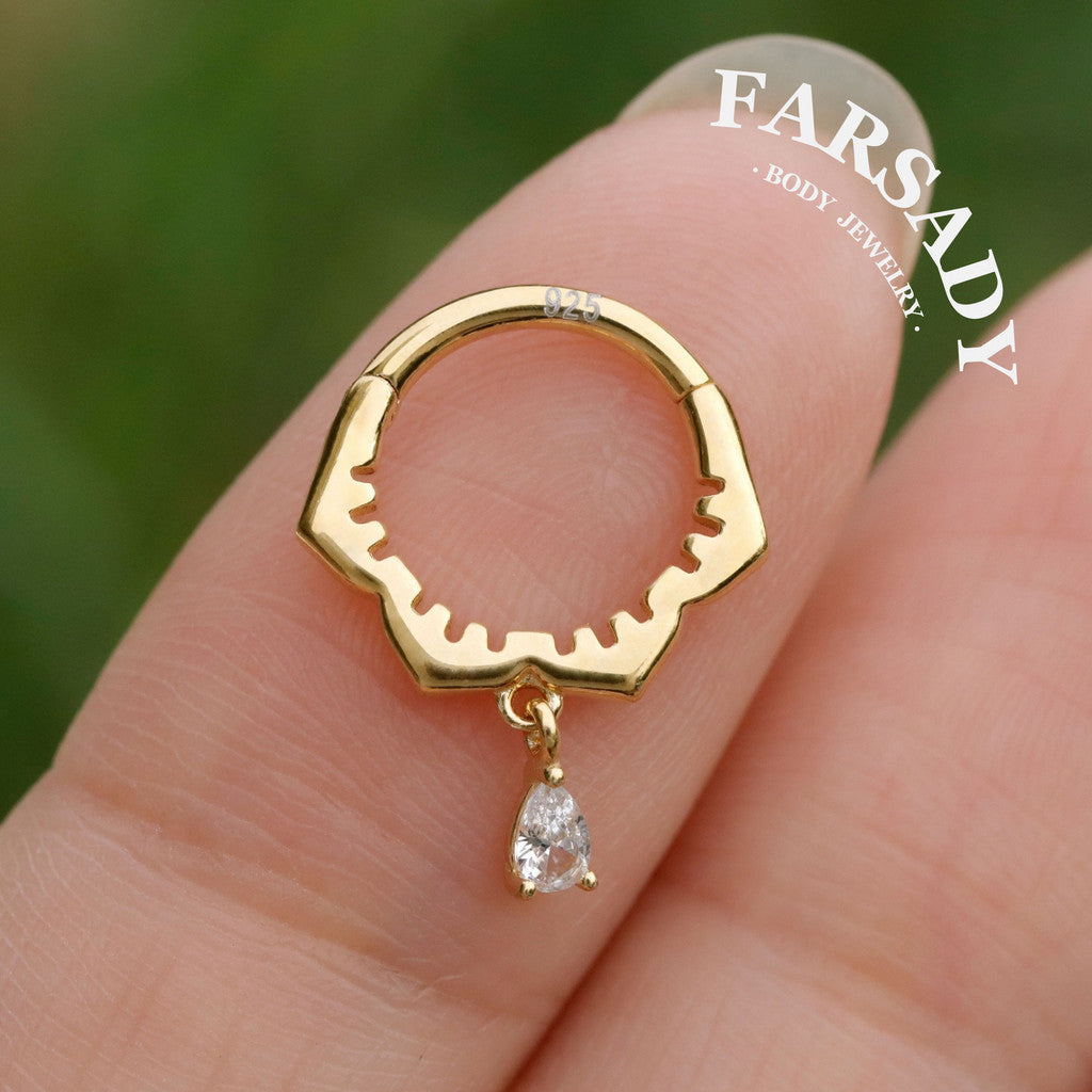 Sterling Silver  Dangle Flower Septum Ring/ Moissanite Septum Piercing Jewelry/ 16G Daith Hoop Earring/8mm Helix Tragus Cartilage Hoop Earring