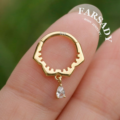Sterling Silver  Dangle Flower Septum Ring/ Moissanite Septum Piercing Jewelry/ 16G Daith Hoop Earring/8mm Helix Tragus Cartilage Hoop Earring