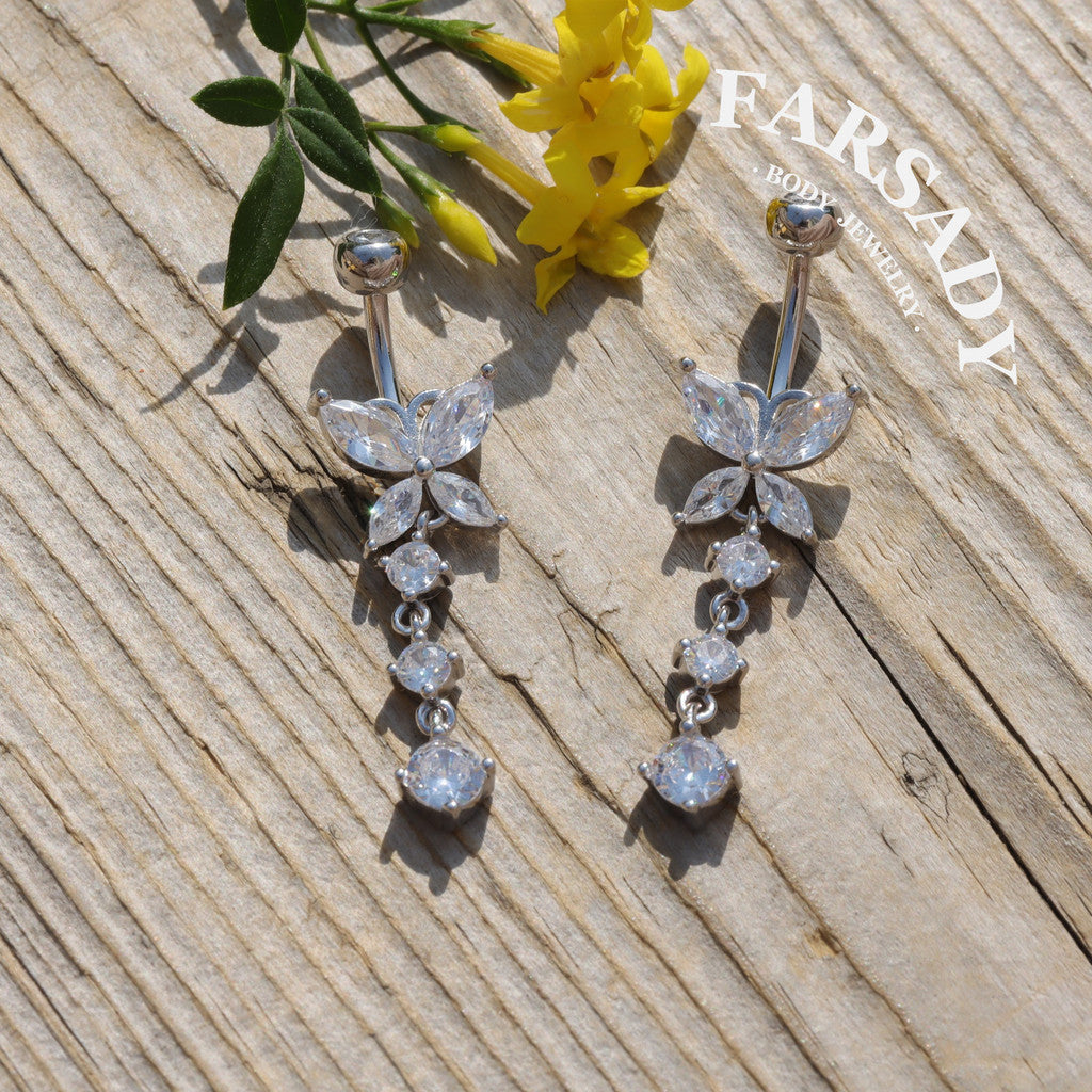 14G Sterling Silver Butterfly Dangle Belly Button Ring - Clear CZ 8mm to 12mm  Navel Body Piercing Jewelry - Non Healed Piercing Friendly Body Jewelry