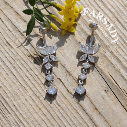 14G Sterling Silver Butterfly Dangle Belly Button Ring - Clear CZ 8mm to 12mm  Navel Body Piercing Jewelry - Non Healed Piercing Friendly Body Jewelry