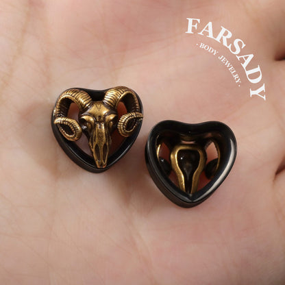 Handmade Ram Skull Ear Plugs Golden Black Acrylic Tunnels Gothic Animal Skull Gauges Unique Ear Stretching Jewelry 8mm 10mm 12mm 14mm Lobe Piercing Body Jewelry