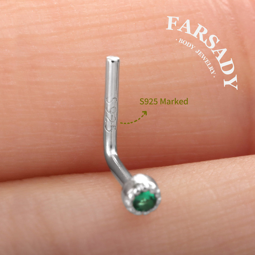 Colored Bezel Round CZ - 925 Silver L-Shape Stud / Fit 20G Nose Piercing