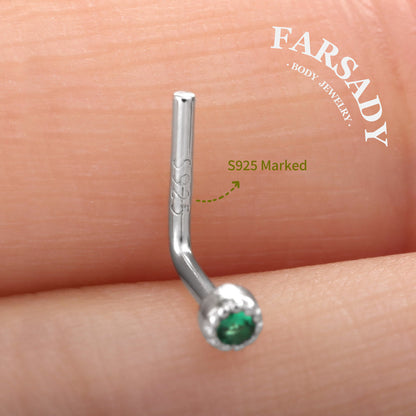 Colored Bezel Round CZ - 925 Silver L-Shape Stud / Fit 20G Nose Piercing