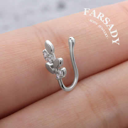 Silver Leaf Sprig - 925 Silver Fake Nose Ring / Fit Non-Pierced Nose Ring