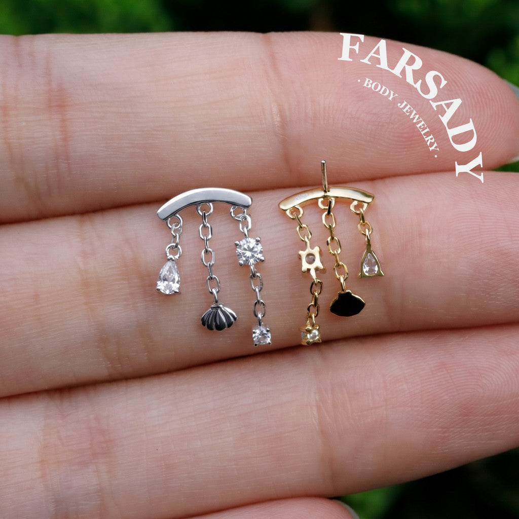 Shell Veil - 925 Silver Threadless Directional Stud / Fits Cartilage Helix Tragus Lobe Earring