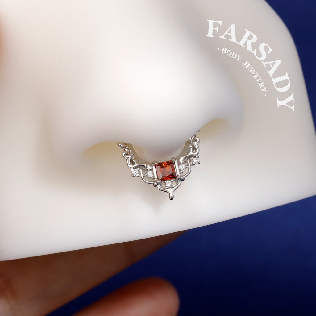 16G Red Gem Gothic Cathedral Daith Earring: 925 Silver Septum Ring Unique Design, Gold Helix Tragus Conch Lobe Clicker Hoop 18K Gold Plated