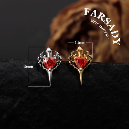 Sterling Silver Flame Red Heart Sword Threadless Helix Stud• 925 Silver & F136 Titanium Earrings• Romantic Gothic Jewelry•Flat Back Cartilage Tragus Jewelry