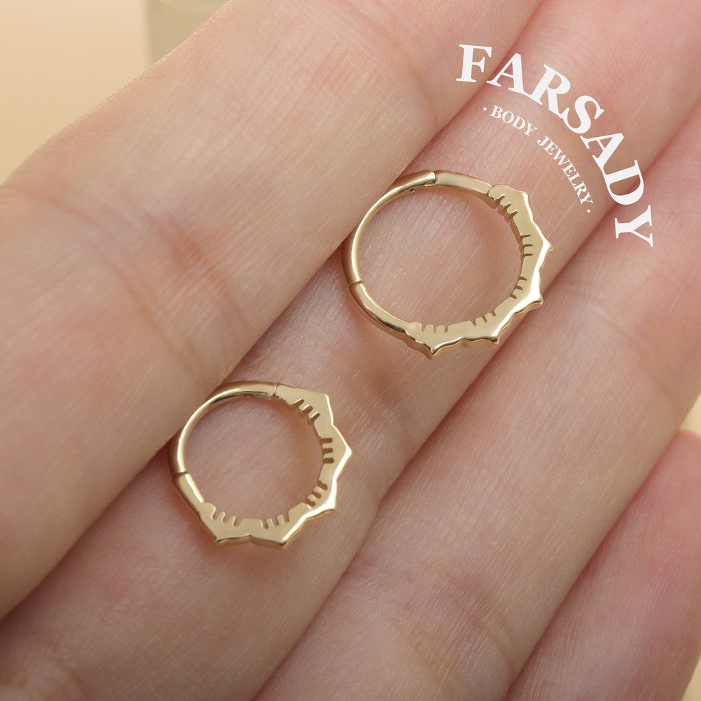 Floral Edge - Solid 14K Gold Hinged Clicker Hoop / Fits 16G Septum Ring Helix Conch Cartilage Earring