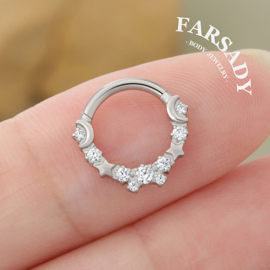 Lunar Constellation - F136 Titanium Hinged Clicker Hoop / Fits 16G Septum Ring Helix Conch Cartilage Earring