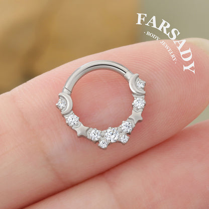 Lunar Constellation - F136 Titanium Hinged Clicker Hoop / Fits 16G Septum Ring Helix Conch Cartilage Earring