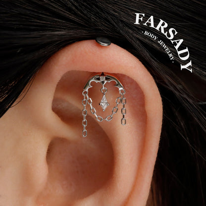 Crescent Tassel - 925 Silver Threadless Stud / Fits Vertical Helix Hidden Rook Earring