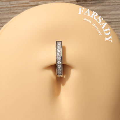 Linear Gleam Hoop - F136 Titanium Clear CZ Belly Button Clicker / Fits 14G Navel Piercing