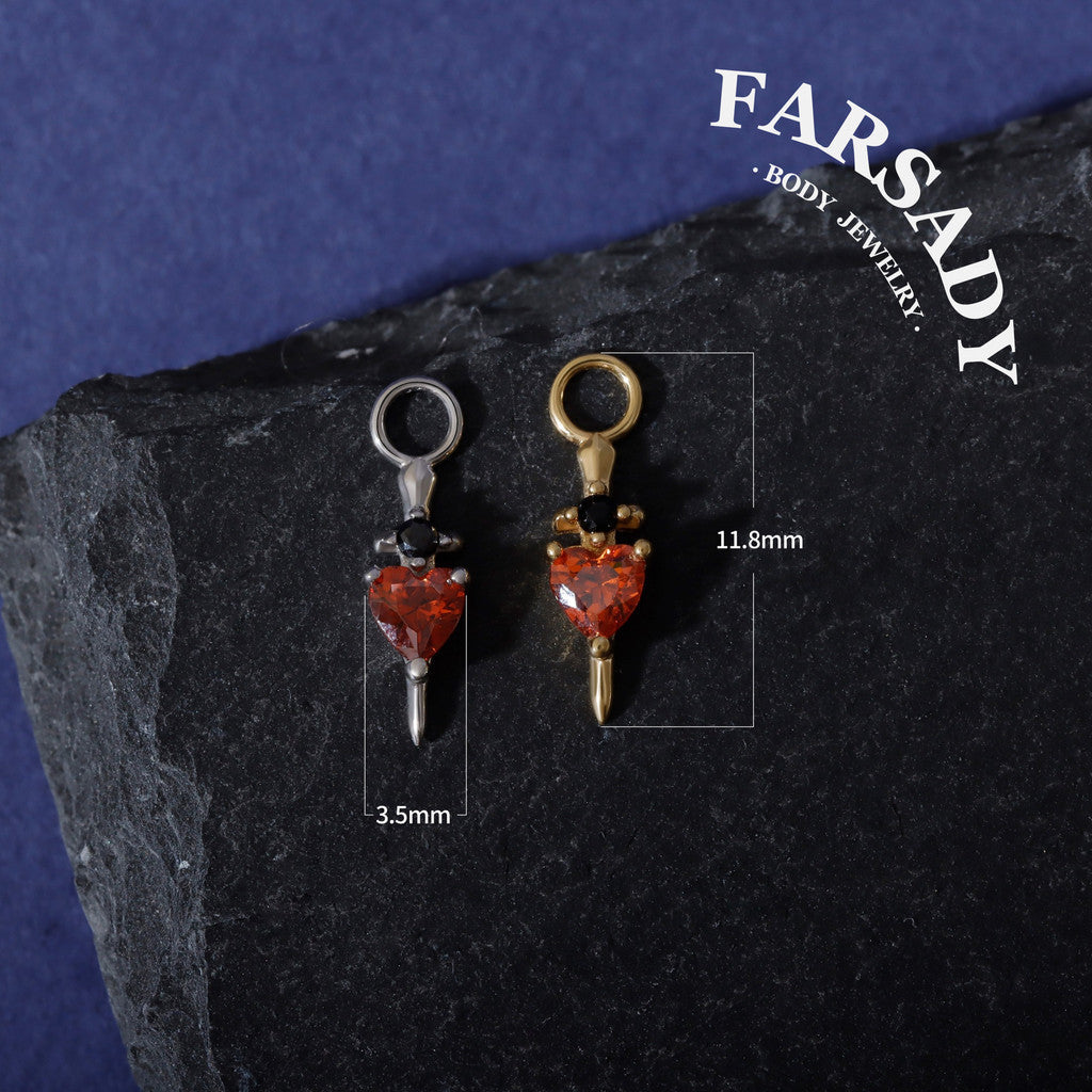 Crimson Blade Talisman - 925 Sterling Silver Red CZ Heart Dangle Charm / Interchangeable Hoop Earring Pendant for Helix Daith Cartilage Piercing