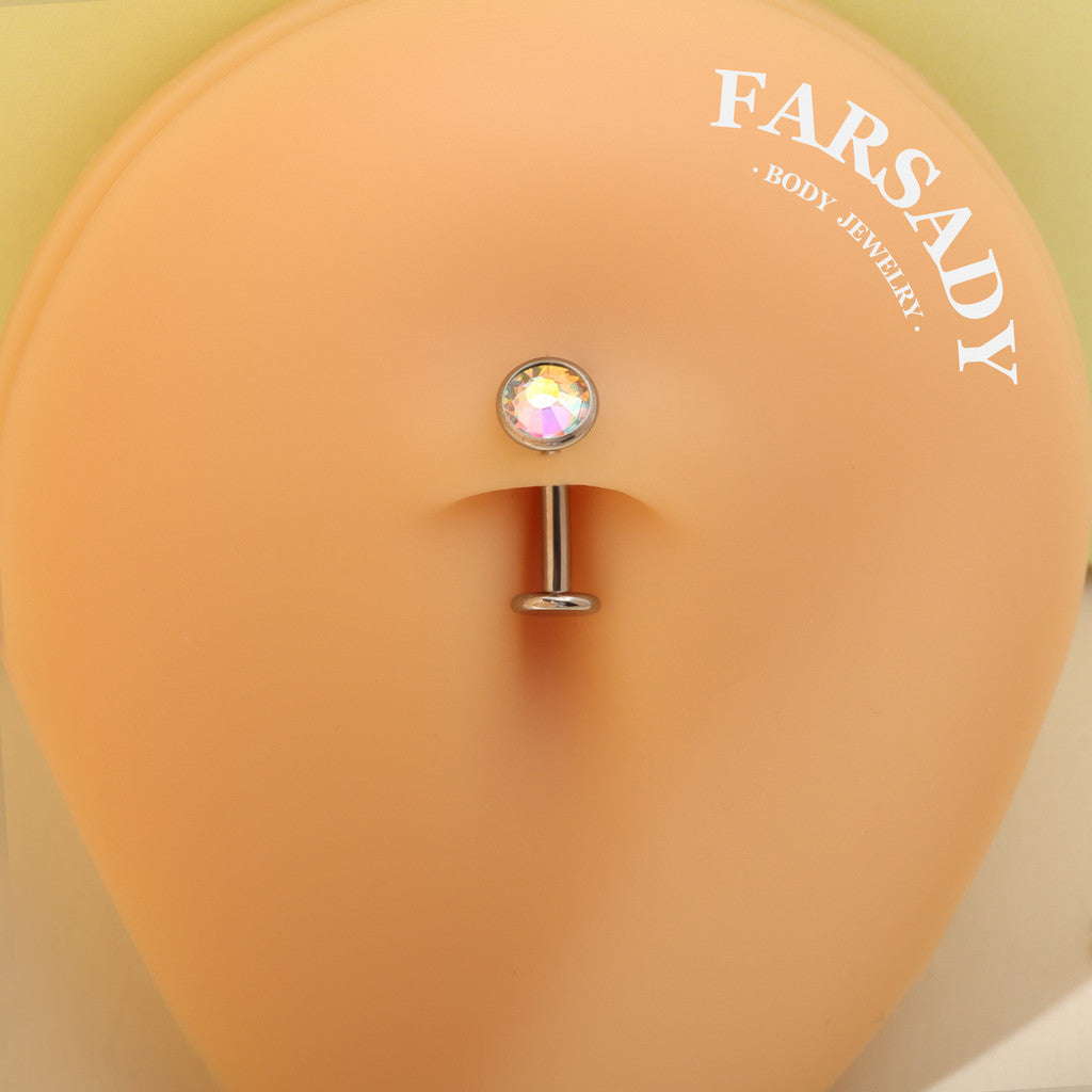 Bezel Set AB Crystal - F136 Titanium Internally Threaded Belly Button Ring / Fits 14G Navel Piercing