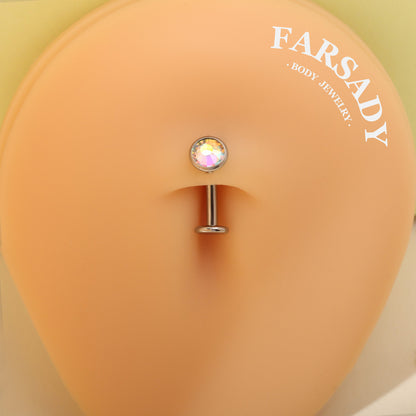 Bezel Set AB Crystal - F136 Titanium Internally Threaded Belly Button Ring / Fits 14G Navel Piercing