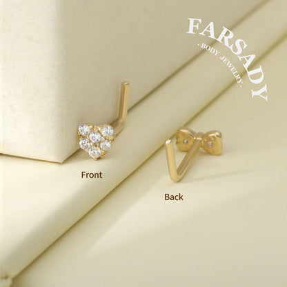 Minimal Heart & Bow CZ - Solid 14K Gold L-Shape Stud / Fit 20G Nostril Piercing