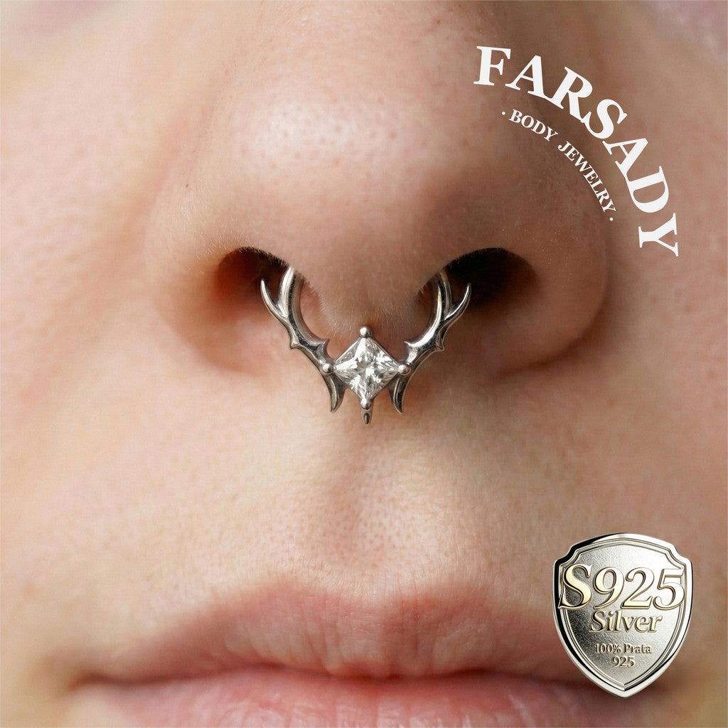 925 Sterling Silver Thorn Septum Clicker, 16G Princess Cut CZ Septum Ring, Gothic Daith Earring, Punk Nose Hoop, Silver & Gold Jewelry