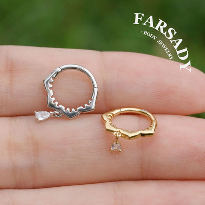 Sterling Silver  Dangle Flower Septum Ring/ Moissanite Septum Piercing Jewelry/ 16G Daith Hoop Earring/8mm Helix Tragus Cartilage Hoop Earring