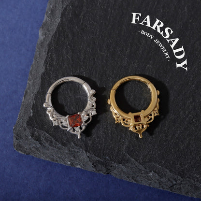 16G Red Gem Gothic Cathedral Daith Earring: 925 Silver Septum Ring Unique Design, Gold Helix Tragus Conch Lobe Clicker Hoop 18K Gold Plated