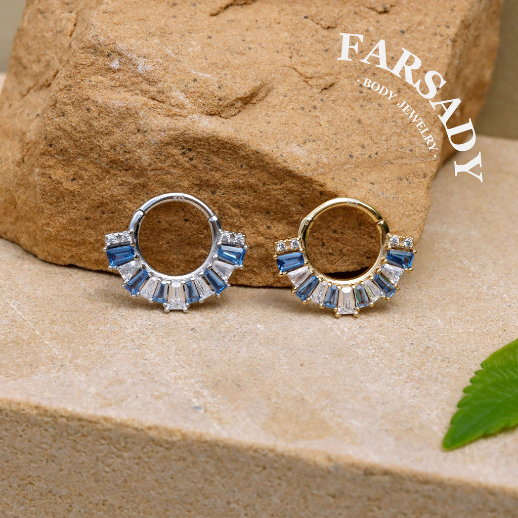 Sterling Silver Septum Ring 16G, Orginal Design Daith Piercing Blue CZ Earrings Hoop, Unique Septum Clicker Gold, 18K Plated Helix, Tragus Jewelry
