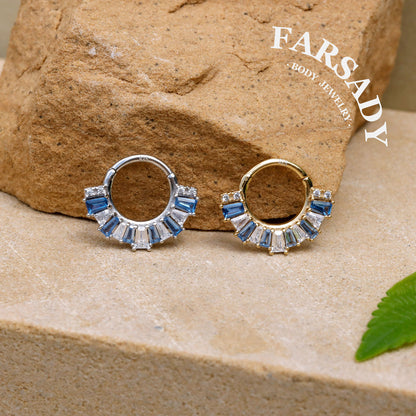 Sterling Silver Septum Ring 16G, Orginal Design Daith Piercing Blue CZ Earrings Hoop, Unique Septum Clicker Gold, 18K Plated Helix, Tragus Jewelry