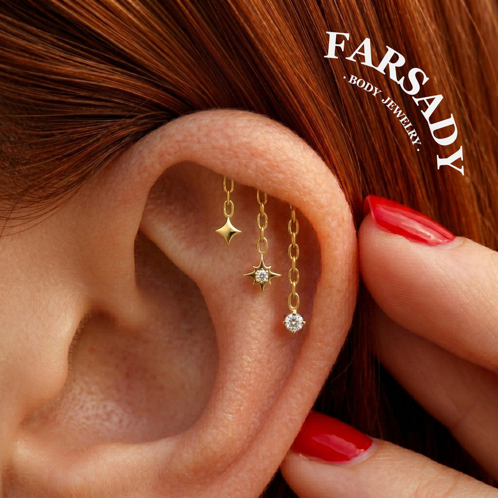 Triple Star Dangle Hidden Helix Threadless Earring, Implant Grade Push-in Stud, Flat Back Floating Helix Piercing Jewelry, 16G/18G/20G