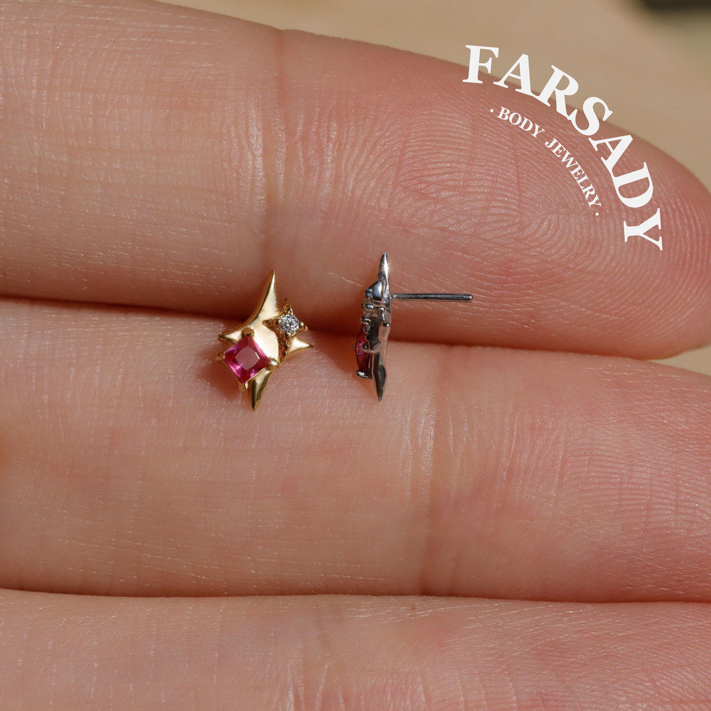 Sterling Silver Pink CZ Star Stud Earring Threadless Push In Post Earrings | 16G 18G 20G Flat Back Tragus Helix Cartilage Piercing Earring
