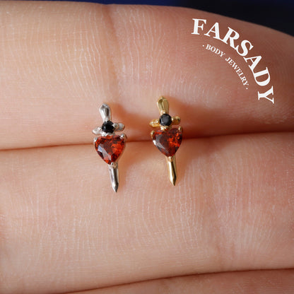 Sword Heart - Sterling Silver Push In Stud / Fits Cartilage Helix Tragus Lobe Earring  Nose Stud / Threadless Flat Back Piercing, Hypoallergenic Jewelry for Sensitive Skin