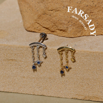 Solid 925 Sterling Silver Helix Chain Earring, 18K Gold Plated Blue CZ Star Dangle, Threadless Push In Hidden Rook Stud Piercing Jewelry