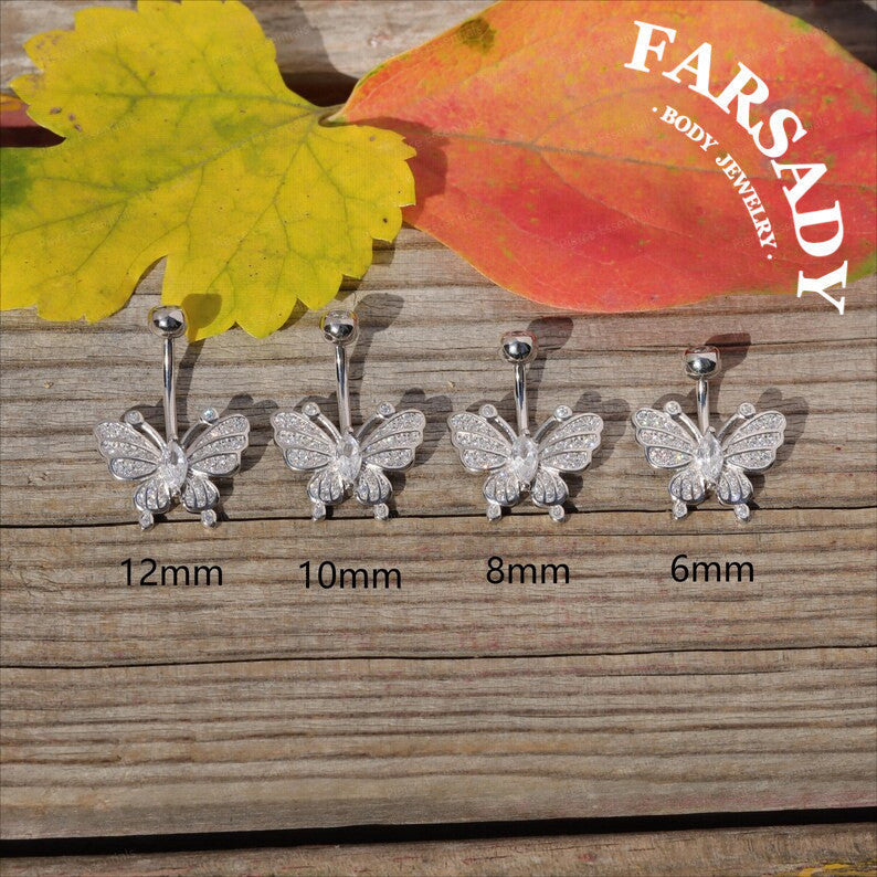 14G S925 Sterling Silver Butterfly Belly Button Ring 6mm-12mm Navel Body Piercing Jewelry Easy Insert Non Healed Piercing Friendly Daily Wear Gift Jewelry for Women