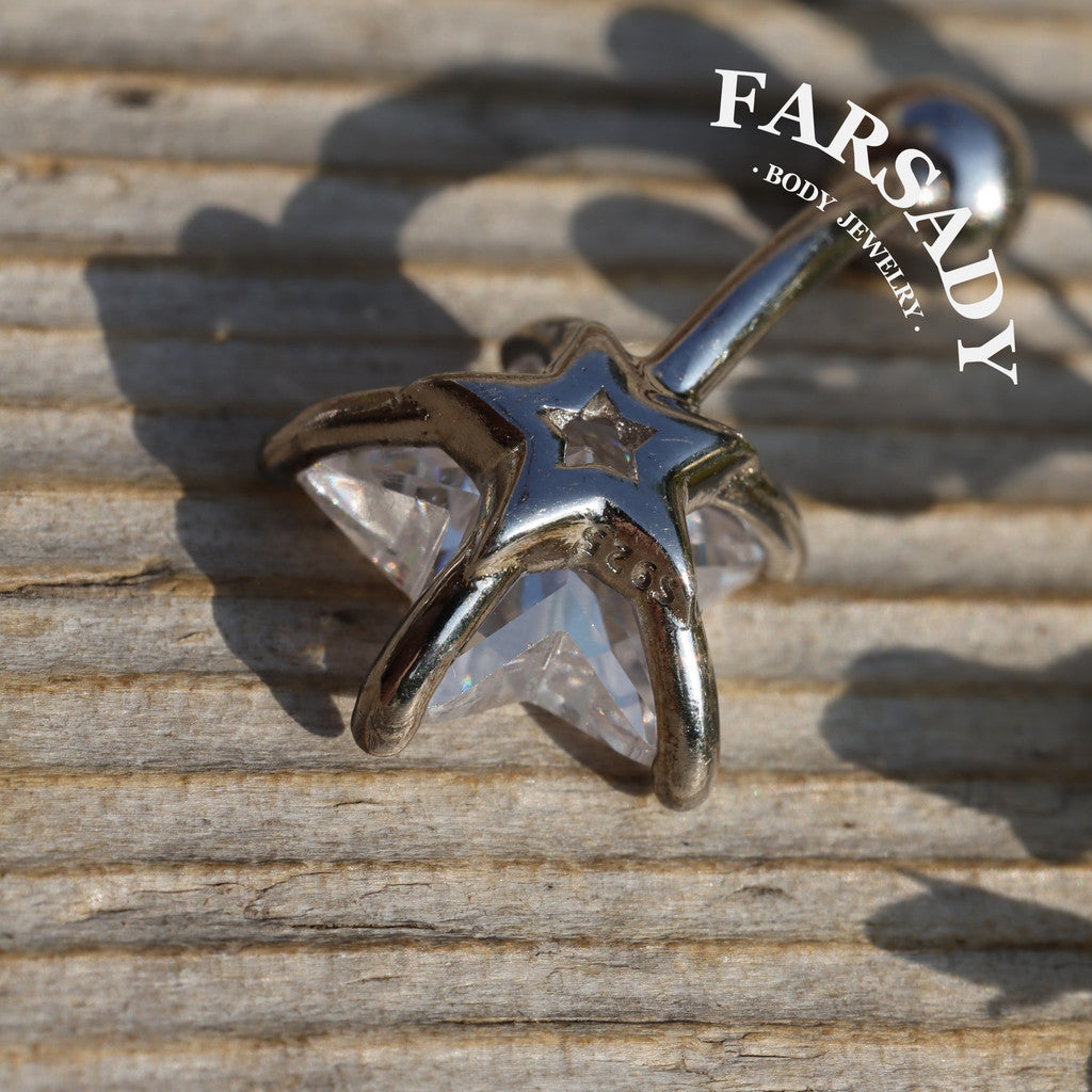 14G S925 Sterling Silver Star Clear CZ Belly Button Ring 6mm 8mm 10mm Navel Piercing Jewelry Easy Insert Non Healed Piercing Friendly Daily Wear Gift for Women