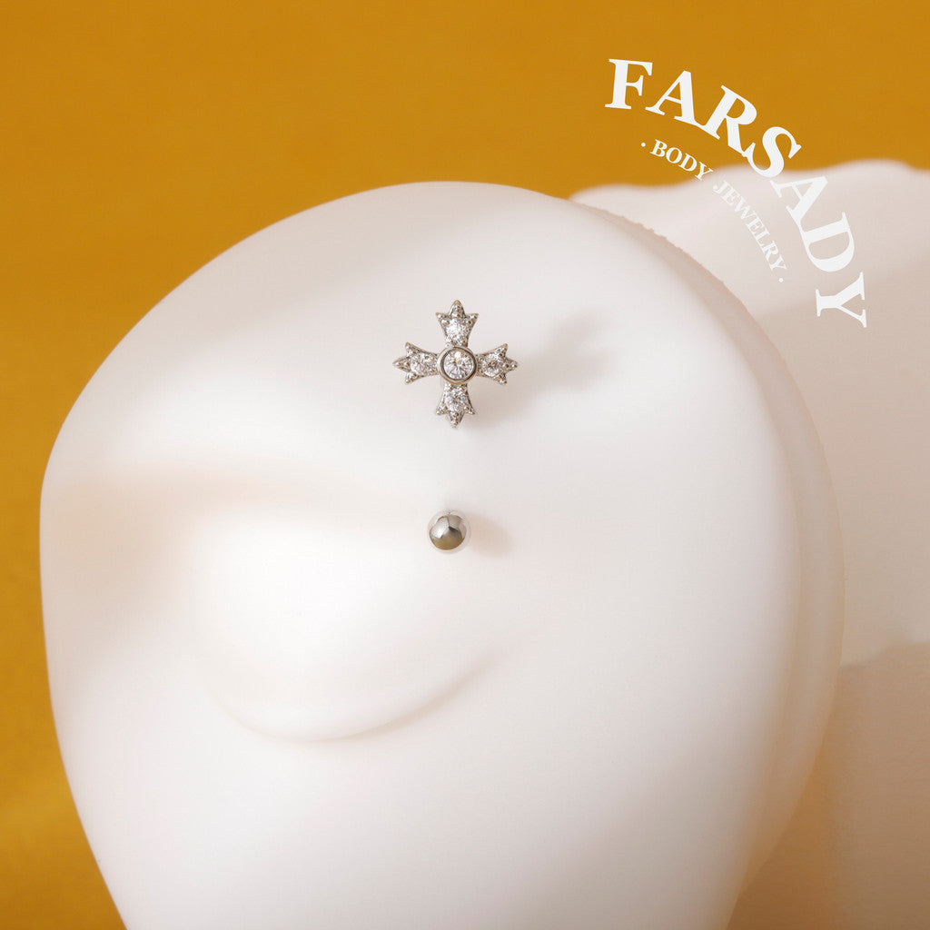 Four-Petal Star Cross - 316L Clear CZ Curved Barbell / Fits 16G Rook Daith Earring Lip Eyebrow Cartilage Piercing