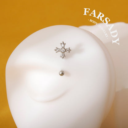 Four-Petal Star Cross - 316L Clear CZ Curved Barbell / Fits 16G Rook Daith Earring Lip Eyebrow Cartilage Piercing