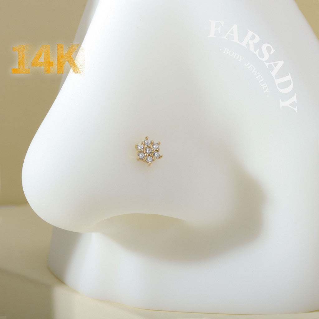 Snow Floret - Solid 14K Gold L-Shape Stud / Fit 20G Nostril Piercing