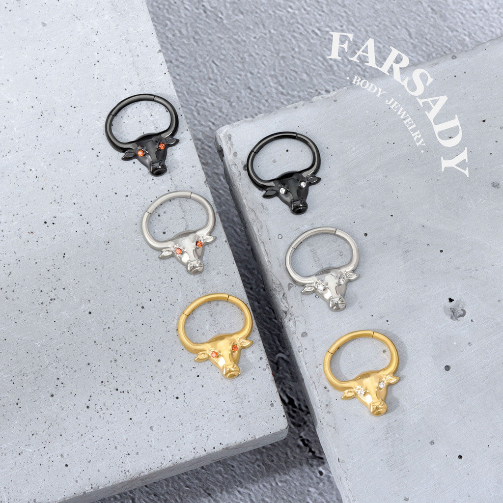 Bull Crest - F136 Titanium Hinged Clicker Hoop / Fits 16G Septum Ring Helix Conch Cartilage Earring