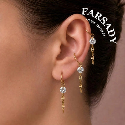 Dew Chain Shimmer - 925 Silver Clear CZ Dangle Charm / Interchangeable Hoop Earring Pendant for Helix Daith Cartilage Piercing
