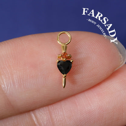 Obsidian Heart Dagger - 925 Sterling Silver Black CZ Heart Dangle Charm / Interchangeable Hoop Earring Pendant for Helix Daith Cartilage Piercing