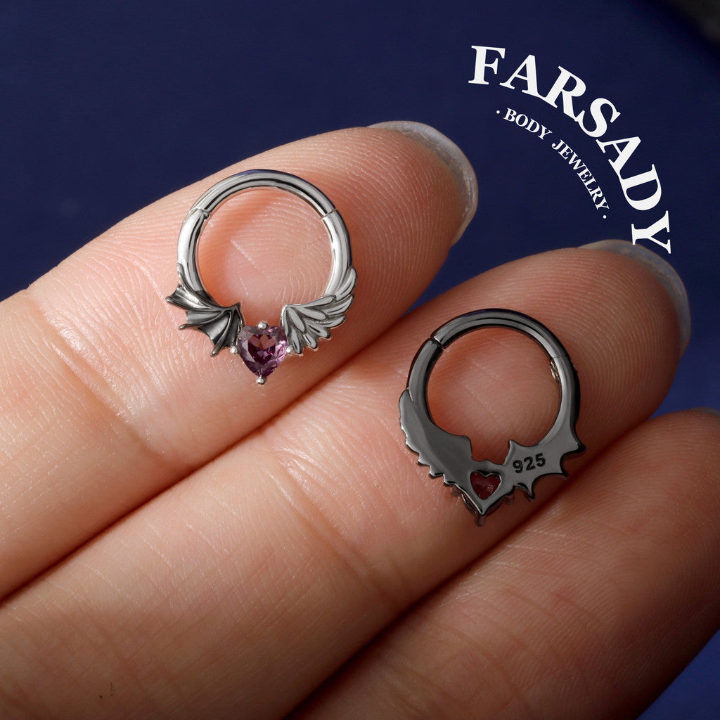 S925 Silver Purple CZ Heart Septum Ring 16G Angel Devil Design Hinged Daith Ear Hoop Gothic Style Body Piercing Jewelry