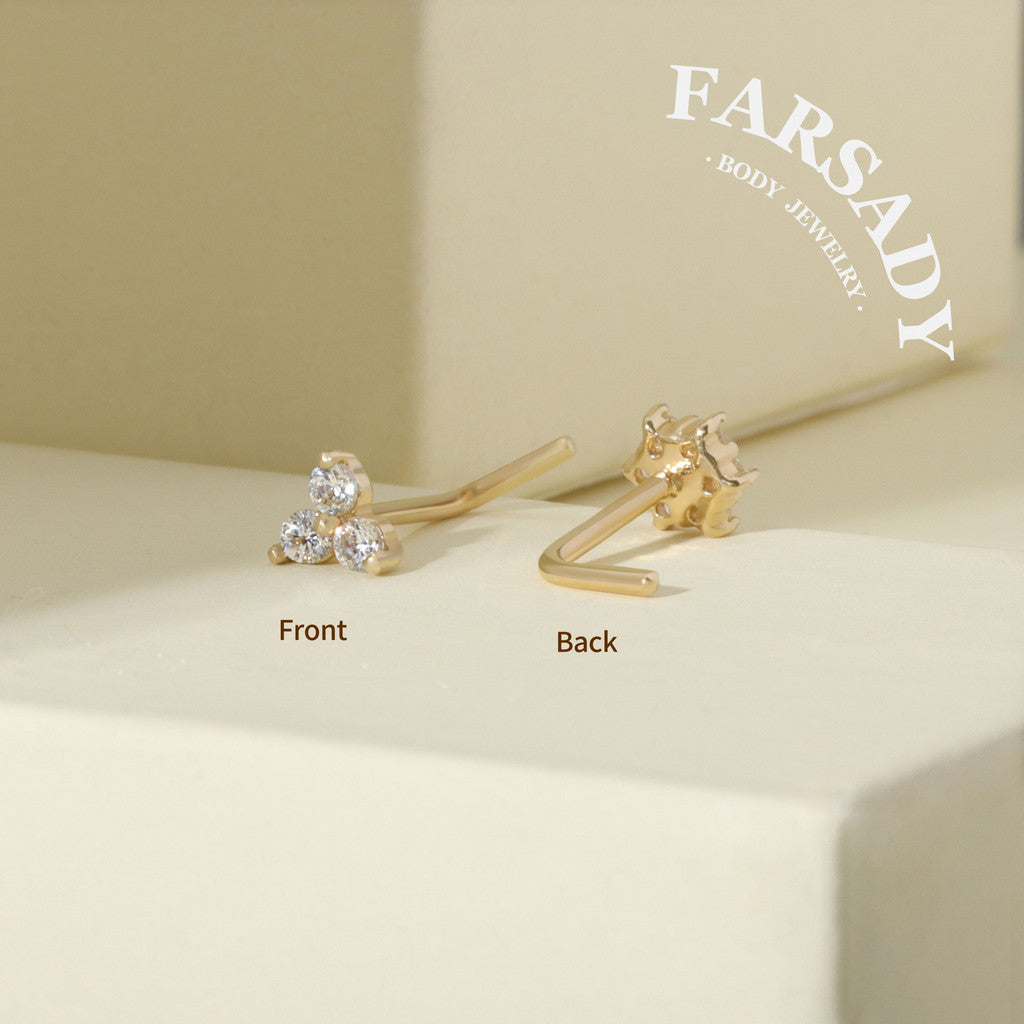 Snow Floret - Solid 14K Gold L-Shape Stud / Fit 20G Nostril Piercing