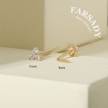 Snow Floret - Solid 14K Gold L-Shape Stud / Fit 20G Nostril Piercing