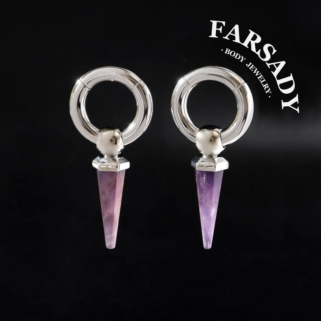 Amethyst Drop - 316L Magnetic Hinged Ear Weights / Fits 4G 2G Stretched Ear Lobes Tunnels Plugs