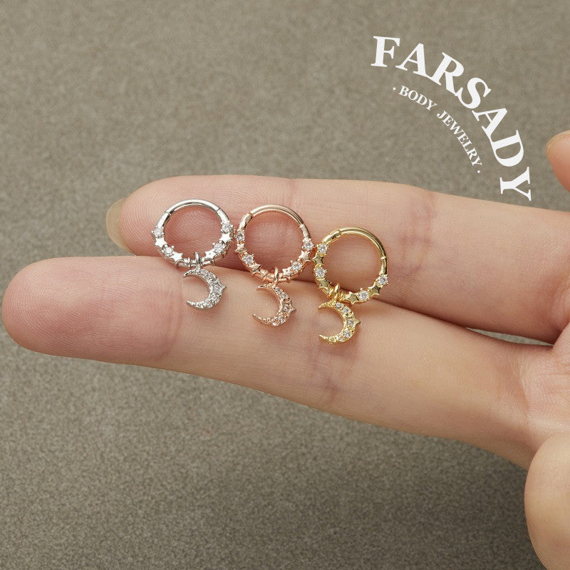 Moon Star - CZ Dangle Hinged Clicker Hoop / Fits 16G Septum Ring Helix Conch Cartilage Earring