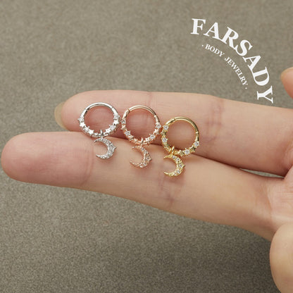 Moon Star - CZ Dangle Hinged Clicker Hoop / Fits 16G Septum Ring Helix Conch Cartilage Earring