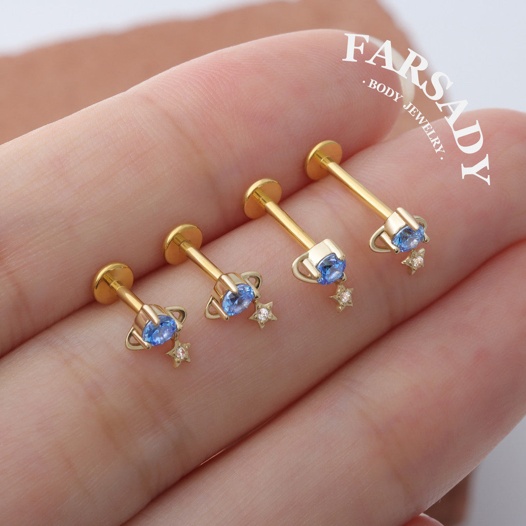 Aquamarine Planet - Solid 14K Gold Internally Threaded Stud / Fits Cartilage Helix Tragus Lobe Piercing